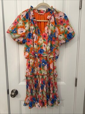 entro Orange Floral Pleated Midi Dress with Blue & Pink Blooms